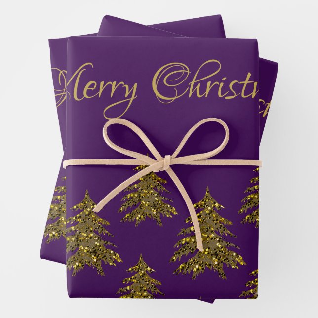 Sparkly gold Christmas tree on purple Christmas Wrapping Paper Sheets (In situ)