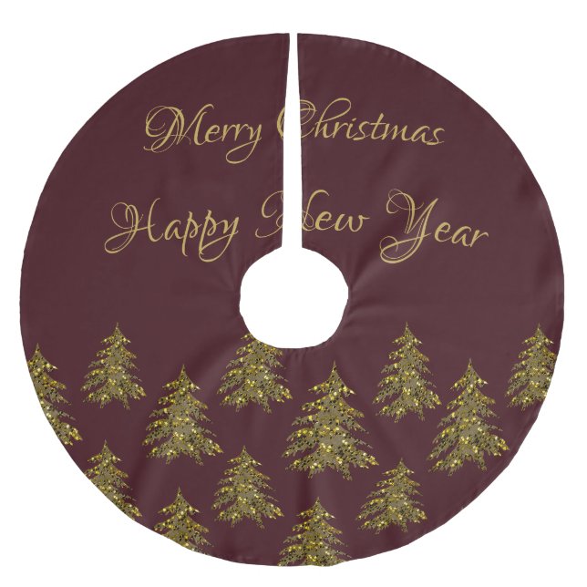 Sparkly gold Christmas tree on red Christmas Brushed Polyester Tree Skirt (Front)