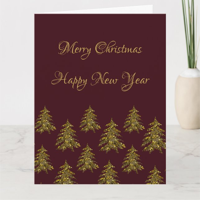 Sparkly gold Christmas tree on red Christmas Card (Front)
