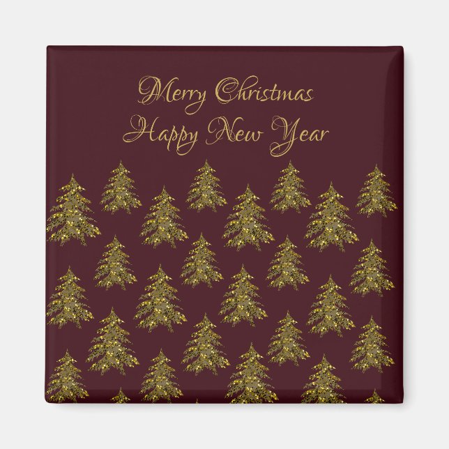 Sparkly gold Christmas tree on red Christmas Magnet (Front)