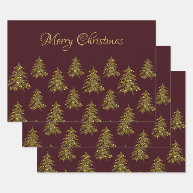 Sparkly gold Christmas tree on red Christmas Wrapping Paper Sheets (Set)