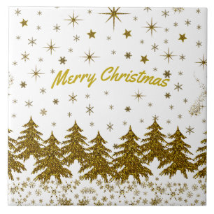 Sparkly Gold Christmas tree, stars, snow Ceramic Tile