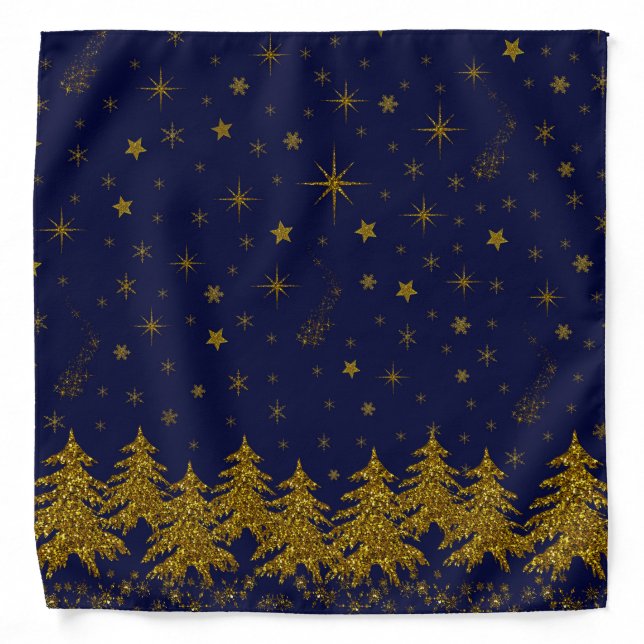 Sparkly Gold Christmas tree, stars, snow on blue Bandana (Front)