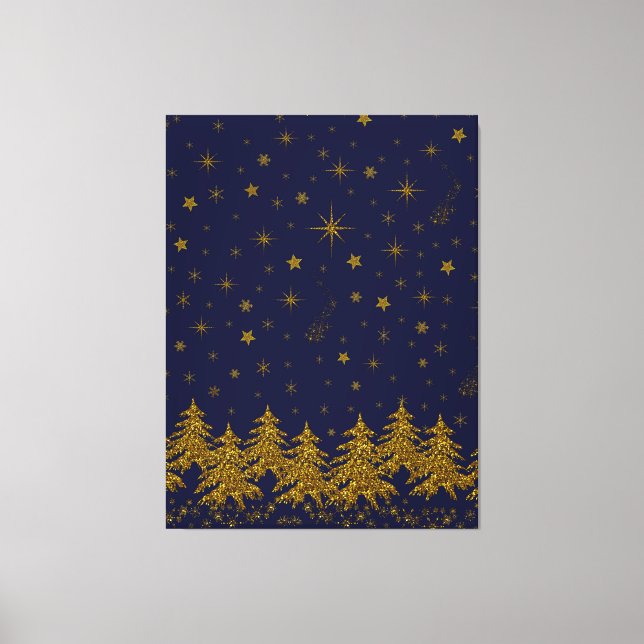 Sparkly Gold Christmas tree, stars, snow on blue  Canvas Print (Front)