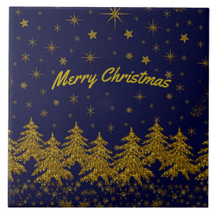 Sparkly Gold Christmas tree, stars, snow on blue Ceramic Tile