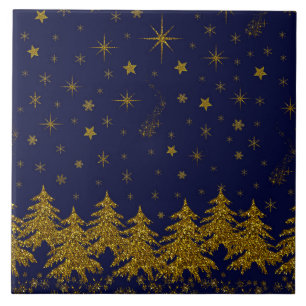 Sparkly Gold Christmas tree, stars, snow on blue Ceramic Tile