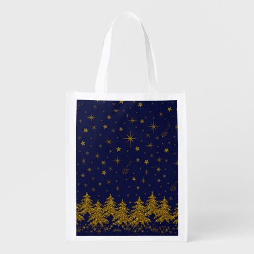 Sparkly Gold Christmas tree stars snow on blue Grocery Bag
