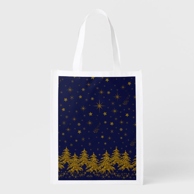Sparkly Gold Christmas tree, stars, snow on blue Grocery Bag (Front)