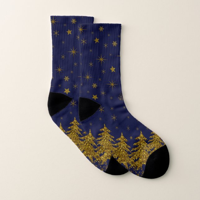 Sparkly Gold Christmas tree, stars, snow on blue Socks (Pair)