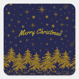 Sparkly Gold Christmas tree, stars, snow on blue   Square Sticker