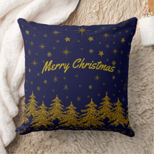 Sparkly Gold Christmas tree, stars, snow on blue T Throw Pillow