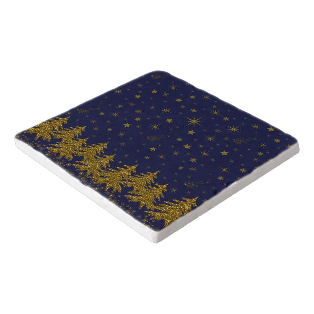 Sparkly Gold Christmas tree, stars, snow on blue  Trivet (Corner)