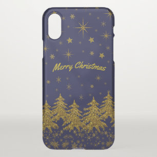 Sparkly Gold Christmas tree, stars, snow on blue iPhone X Case