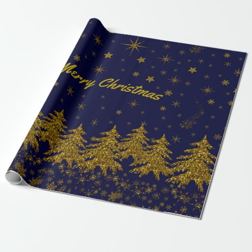 Sparkly Gold Christmas tree stars snow on blue W Wrapping Paper