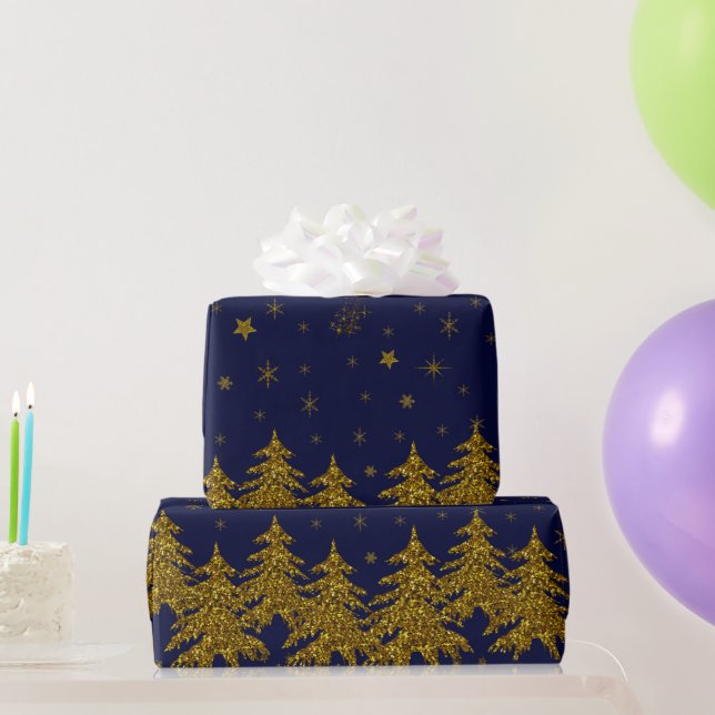 Sparkly Gold Christmas tree, stars, snow on blue Wrapping Paper (Party Gifts)