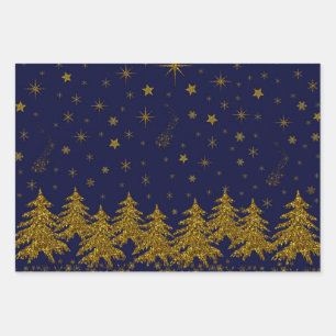 Sparkly Gold Christmas tree, stars, snow on blue Wrapping Paper Sheets