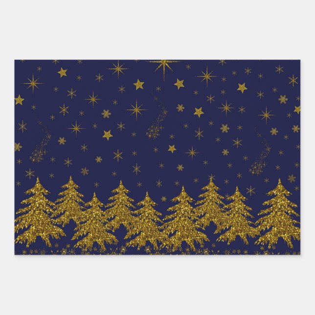 Sparkly Gold Christmas tree, stars, snow on blue Wrapping Paper Sheets (Front)