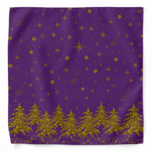 Sparkly Gold Christmas tree, stars, snow on purple Bandana