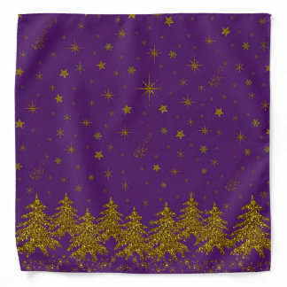 Sparkly Gold Christmas tree, stars, snow on purple Bandana
