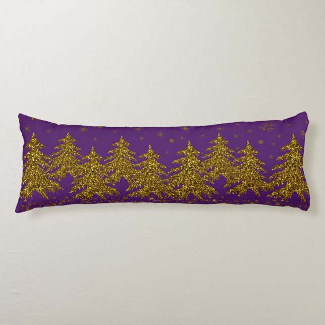 Sparkly Gold Christmas tree, stars, snow on purple Body Pillow (Front)