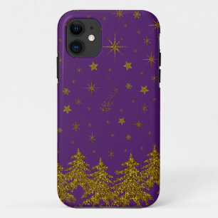 Sparkly Gold Christmas tree, stars, snow on purple iPhone 11 Case