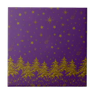 Sparkly Gold Christmas tree, stars, snow on purple Ceramic Tile