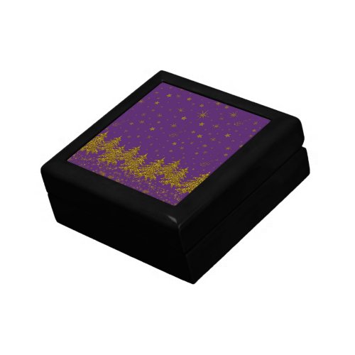 Sparkly Gold Christmas tree stars snow on purple Gift Box