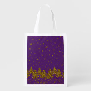 Sparkly Gold Christmas tree, stars, snow on purple Grocery Bag