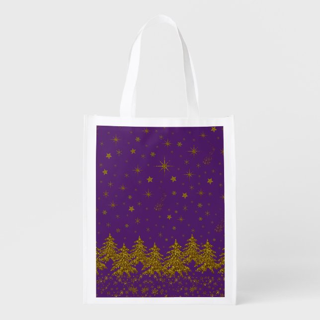 Sparkly Gold Christmas tree, stars, snow on purple Grocery Bag (Front)