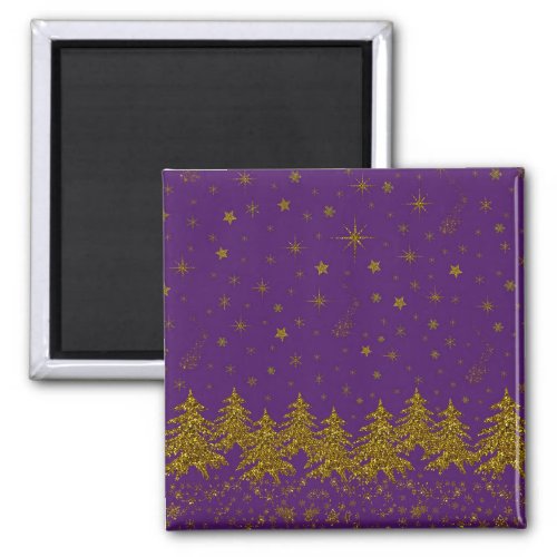 Sparkly Gold Christmas tree stars snow on purple Magnet