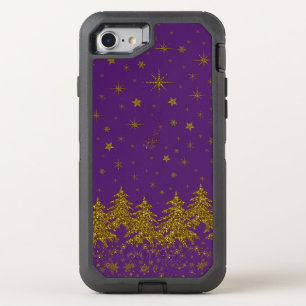 Sparkly Gold Christmas tree, stars, snow on purple OtterBox Defender iPhone SE/8/7 Case