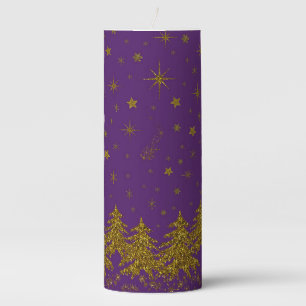 Sparkly Gold Christmas tree, stars, snow on purple Pillar Candle