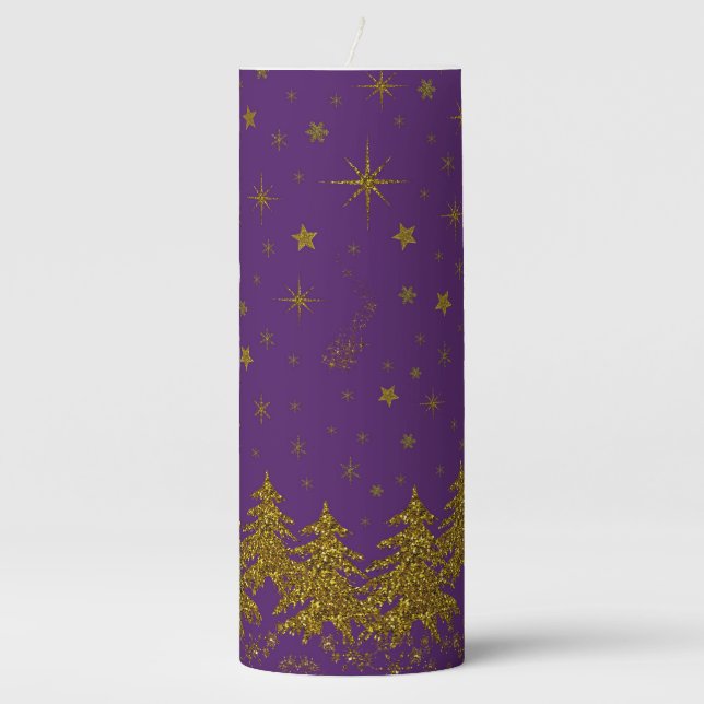 Sparkly Gold Christmas tree, stars, snow on purple Pillar Candle (Front)