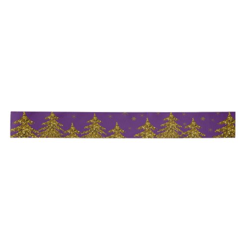 Sparkly Gold Christmas tree stars snow on purple Satin Ribbon