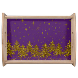 Sparkly Gold Christmas tree, stars, snow on purple Serving Tray