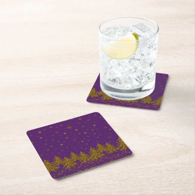 Sparkly Gold Christmas tree, stars, snow on purple Square Paper Coaster (Insitu)
