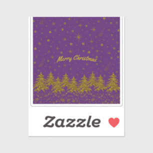 Sparkly Gold Christmas tree, stars, snow on purple Sticker