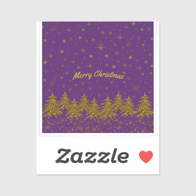 Sparkly Gold Christmas tree, stars, snow on purple Sticker (Sheet)