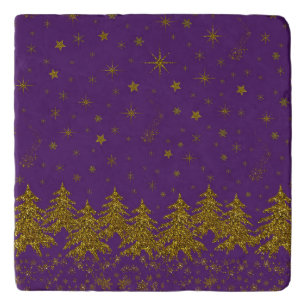Sparkly Gold Christmas tree, stars, snow on purple Trivet
