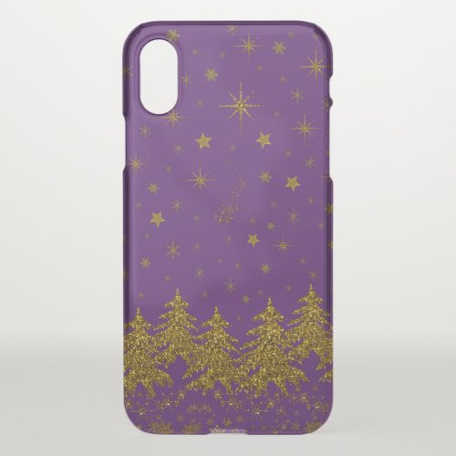 Sparkly Gold Christmas tree stars snow on purple iPhone X Case