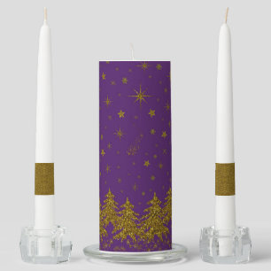 Sparkly Gold Christmas tree, stars, snow on purple Unity Candle Set