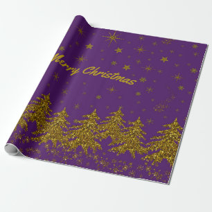 Sparkly Gold Christmas tree, stars, snow on purple Wrapping Paper