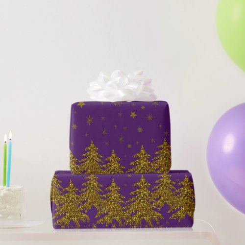 Sparkly Gold Christmas tree stars snow on purple Wrapping Paper