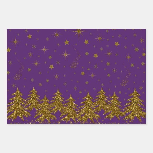 Sparkly Gold Christmas tree, stars, snow on purple Wrapping Paper Sheets (Front)
