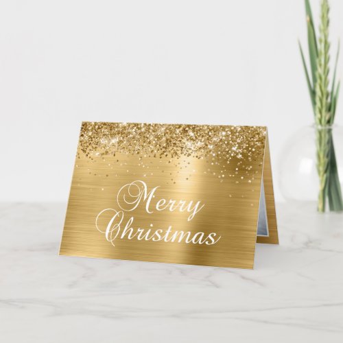 Sparkly Gold Family Photo Merry Christmas Holiday Card