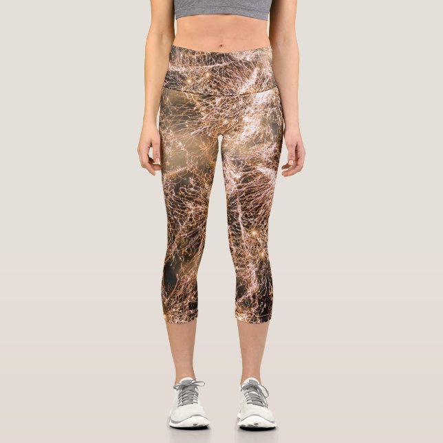 Sparkly gold fireworks Abstract Capri Leggings (Front)