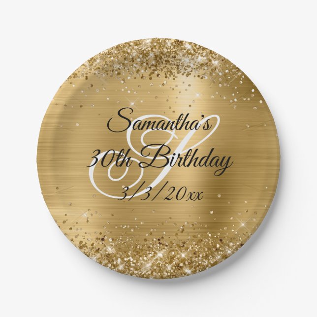 Sparkly Gold Glitter and Foil 30th Birthday Paper Plates (Front)