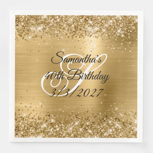 Sparkly Gold Glitter and Foil 40th Birthday Paper Dinner Napkins (Front)