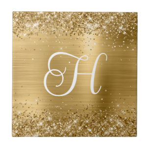 Sparkly Gold Glitter and Foil Monogram Ceramic Tile
