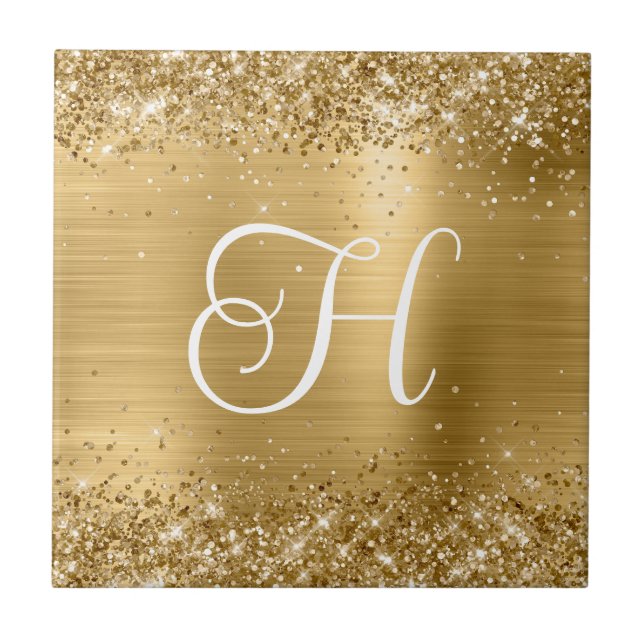 Sparkly Gold Glitter and Foil Monogram Ceramic Tile (Front)
